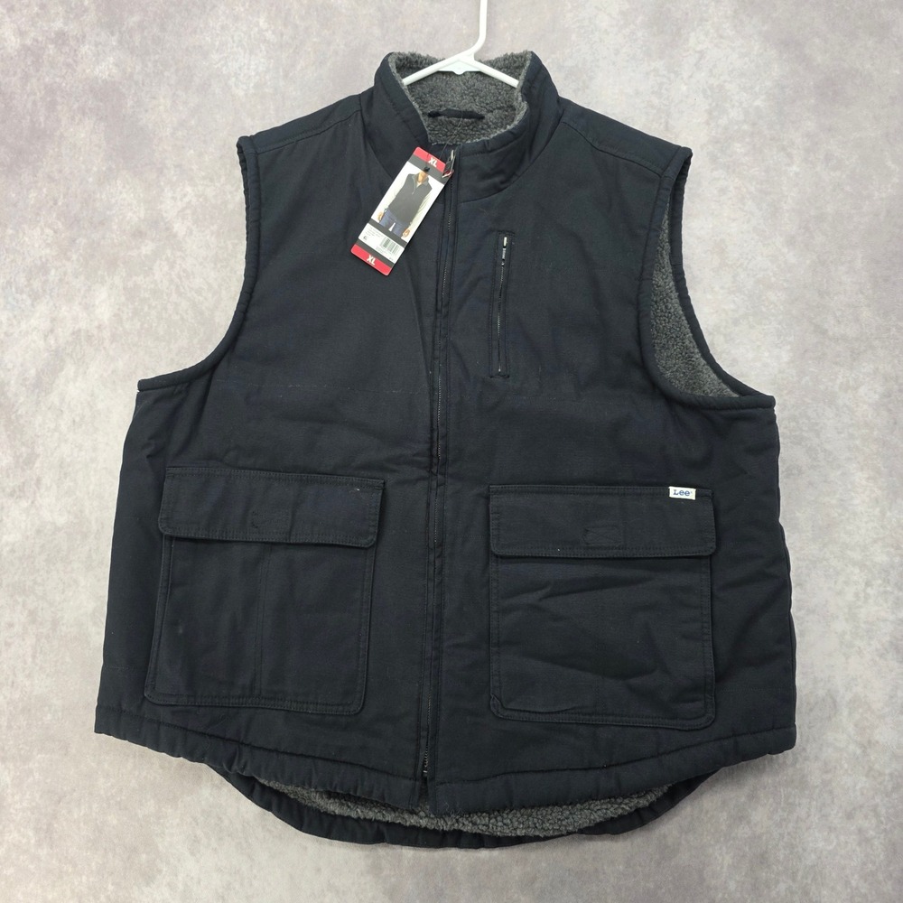 Lee Workwear Canvas Vest Mens XL Black Faux Sherpa Lined Full Zip LM33VT687 NWT